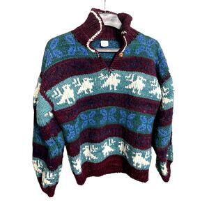 VTG 100% Wool Hand Made Henley Pullover Sweater Made in Ecuador Cottage Whimsy